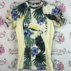 Hurley rash guard swim shirt Cream T-Shirt with Green and Blue Tropical Print